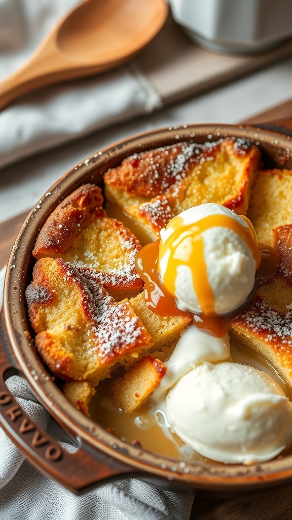 A serving of warm bread pudding topped with powdered sugar and caramel sauce, alongside a scoop of vanilla ice cream.